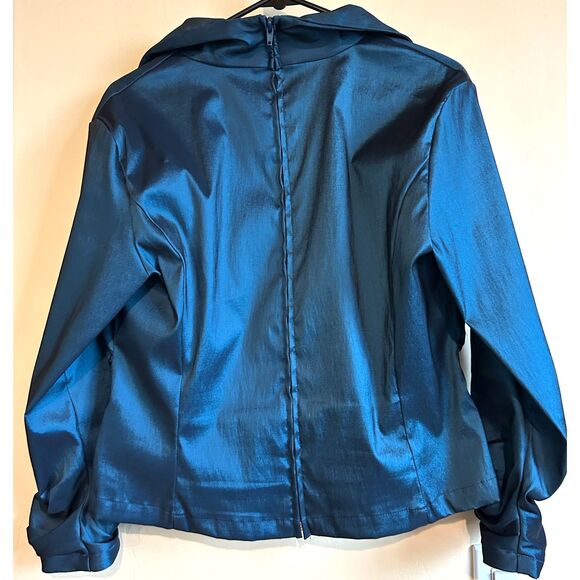 Vintage Tadashi Iridescent Blue Taffeta Rouching V Neck Women's Long Sleeve Top - Picture 2 of 6